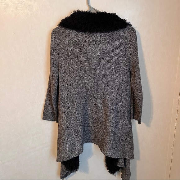 Once Again Gray and Black Long Cardigan Sweater with Open Front Fur Shawl Collar - Picture 2 of 5
